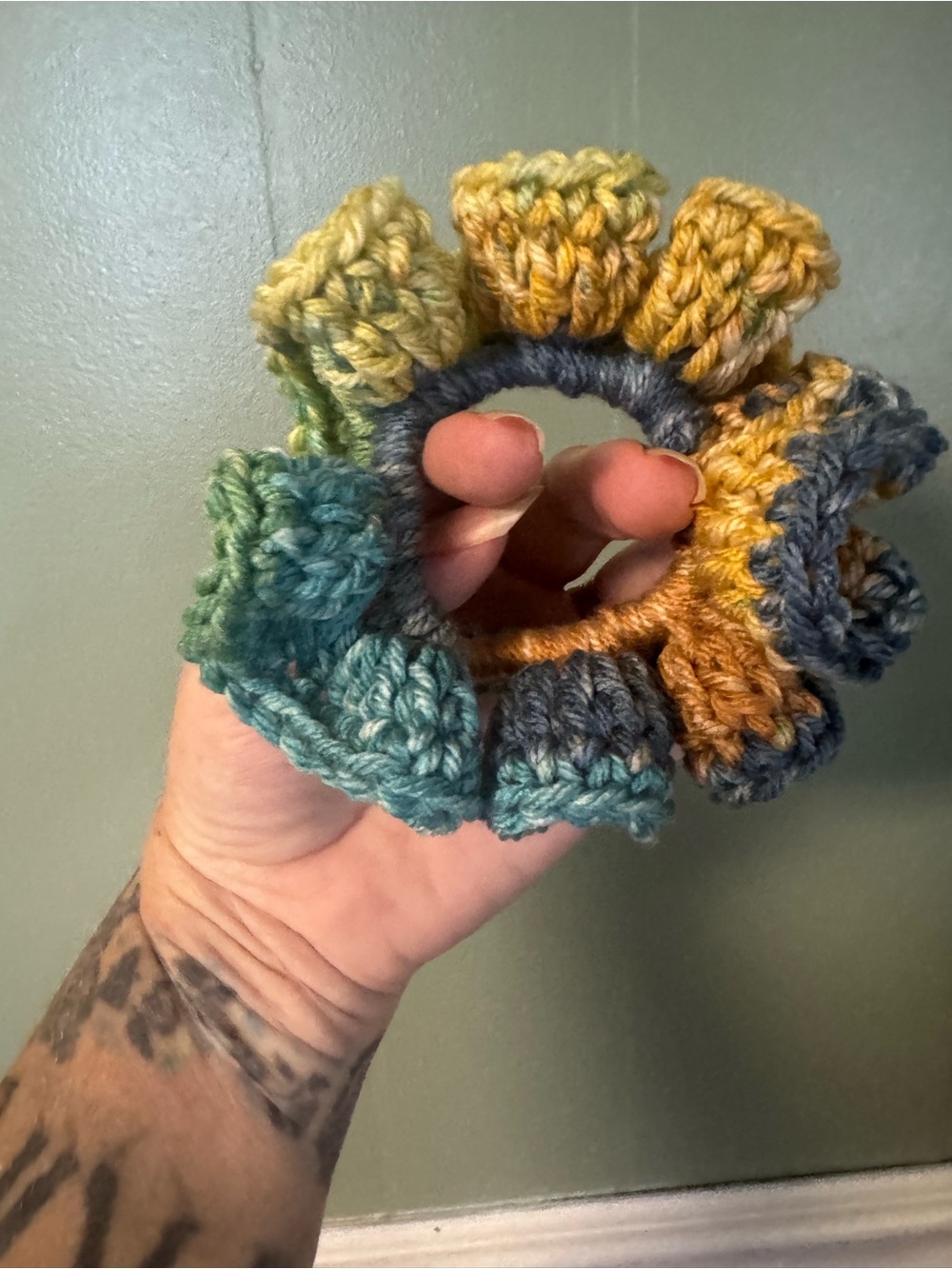 Handmade Multicolor Crochet Scrunchie - Yellow, Green, Blue